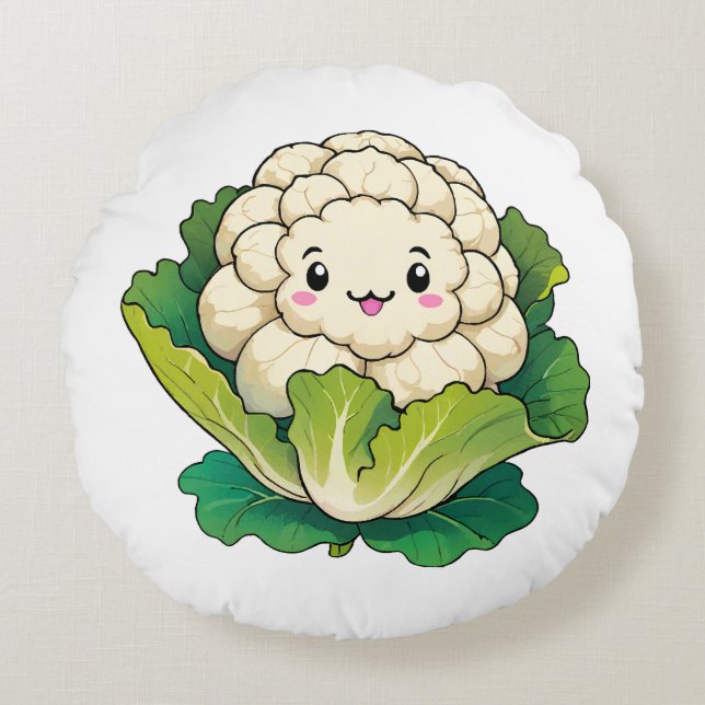 Kawaii Cauliflower Rundes Kissen (Vorderseite)