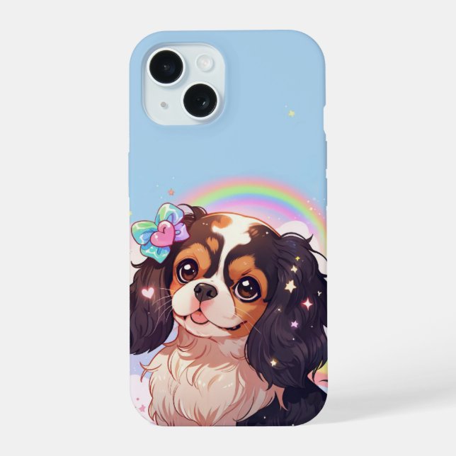Kawaii Cavalier King Charles Pastel Rainbow sky iPhone 15 Hülle (Rückseite)