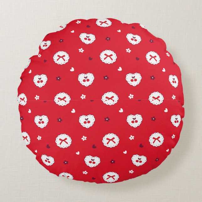 Kawaii Cherries and Bows Pattern Rundes Kissen (Vorderseite)