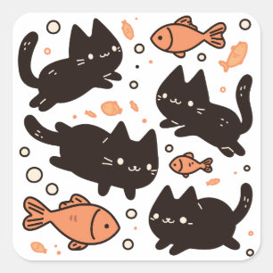 Kawaii Chibi Black Cat Pattern mit Goldfish Quadratischer Aufkleber