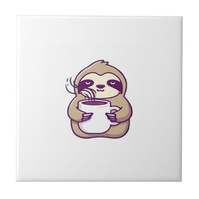 Kawaii Chibi Faultier mit Kaffeetasse � Süßes schl Fliese (Vorderseite)