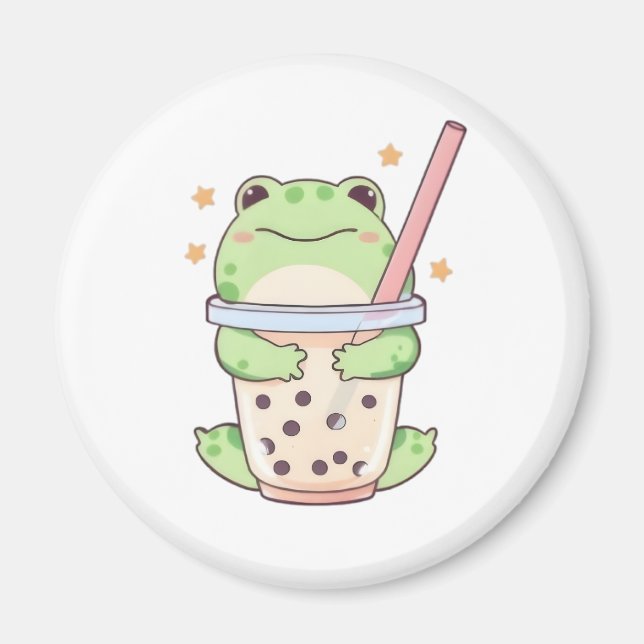 Kawaii Chibi Frosch umarmt Bubble-Tea-Tasse Magnet (Vorne)