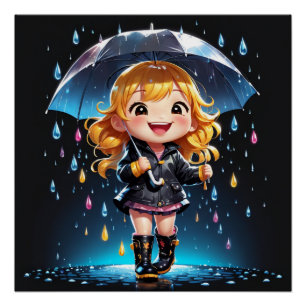 Kawaii Chibi Girl an einem fröhlichen Regentag Poster