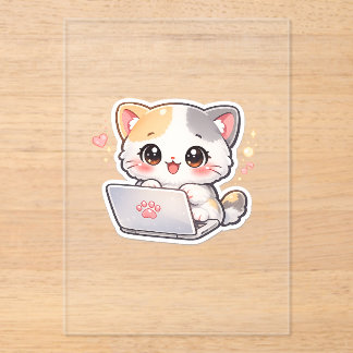 Kawaii Chibi-Katze mit Laptop Klar Acryl-Einladung Acryleinladungen