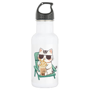 Kawaii Chibi Katze mit Sonnenbrille beim Trinken e Edelstahlflasche