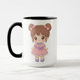 Kawaii Chibi Mädchen mit Doppelfrisur und rosa Kle Tasse