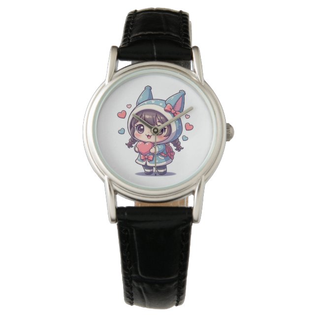 Kawaii Chibi Mädchen mit Herz Armbanduhr (Vorderseite)