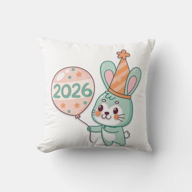 Kawaii Chibi Rabbit Mascot Holding 2026 Balloons  Kissen (Vorderseite)