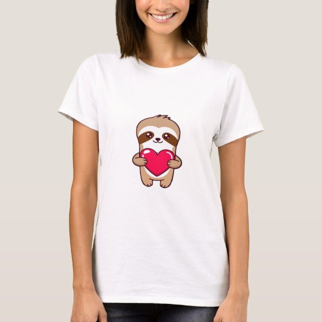 Kawaii Chibi Sloth Hugging Herz � Niedlich Adorabl T-Shirt (Vorderseite)