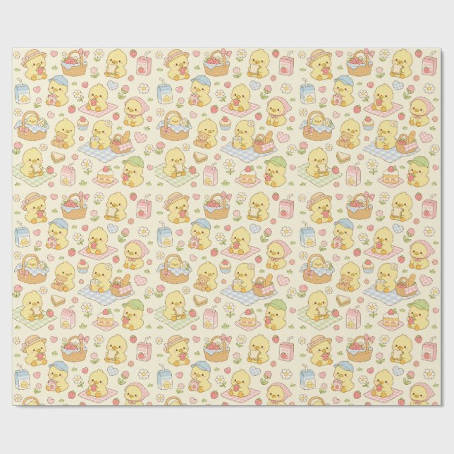 Kawaii Chicken Picnic Pattern Wrapping Paper Geschenkpapier (Flach)