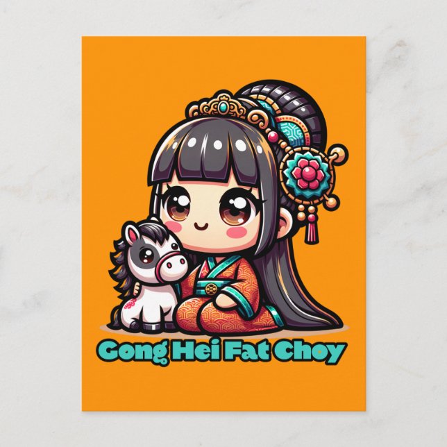 Kawaii Chinesisches Neujahr Pferd und Mädchen Postkarte (Vorderseite)