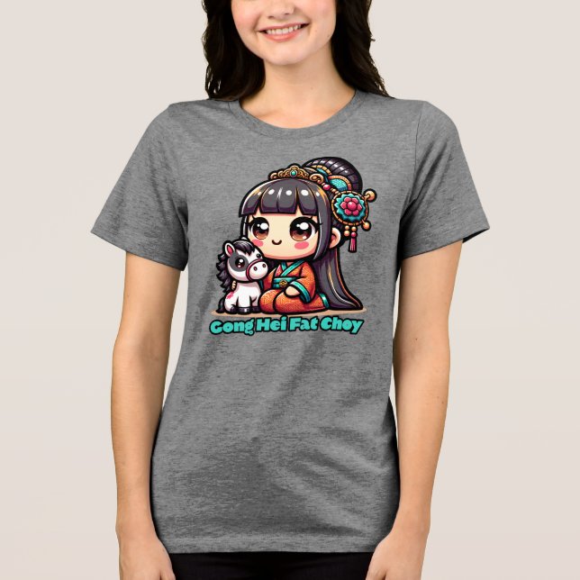 Kawaii Chinesisches Neujahr Pferd und Mädchen Tri-Blend Shirt (Vorderseite)