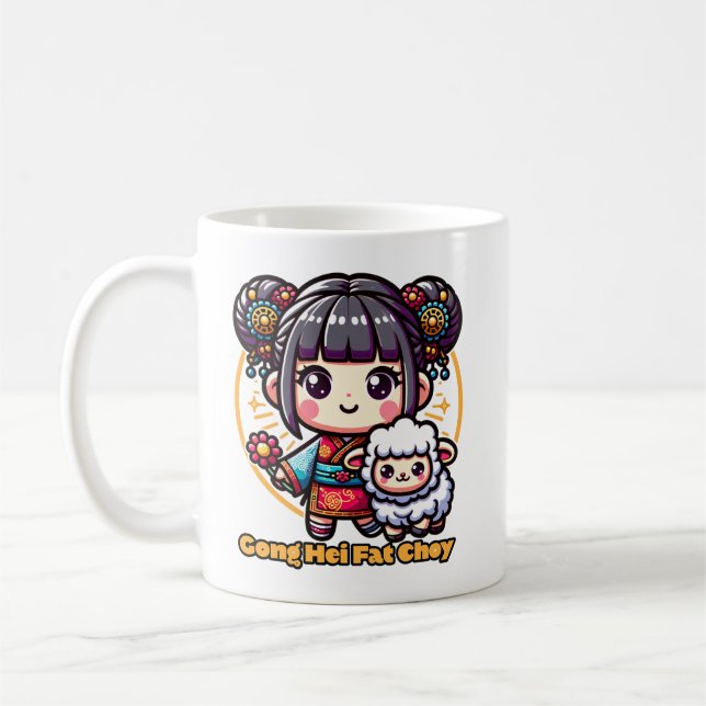 Kawaii chinesisches Neujahr Schaf und Mädchen Kaffeetasse (Links)