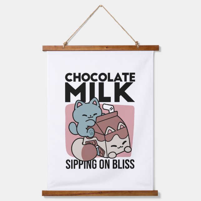 Kawaii Chocolate Milk Cat – Cozy Drink & Cuteness  Wandteppich Mit Holzrahmen (Vorderseite)