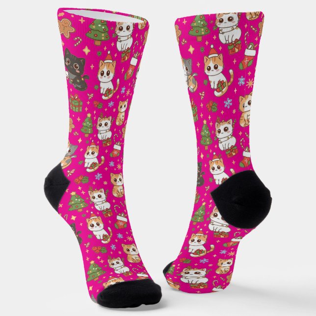 Kawaii Christmas Cats Holiday Pattern Crew Socks Socken (Gewinkelt)