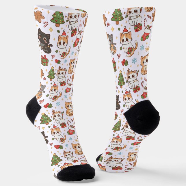 Kawaii Christmas Cats Holiday Pattern Crew Socks Socken (Gewinkelt)
