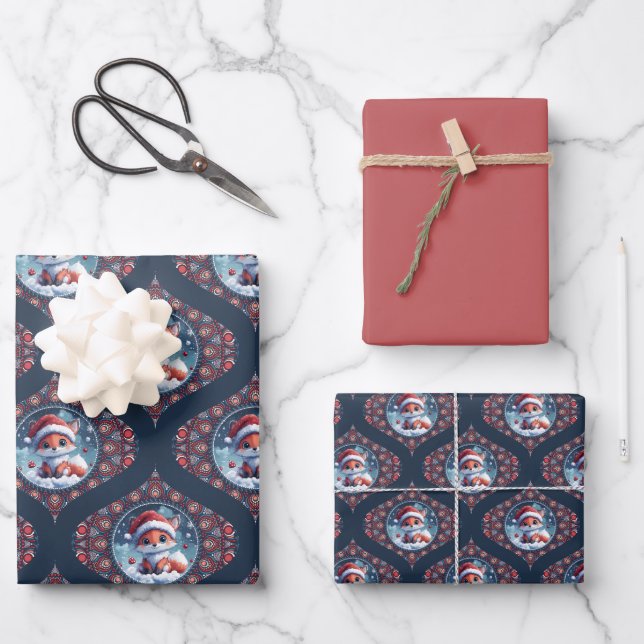 Kawaii Christmas Fox Dot Mandala Ogee Damask Geschenkpapier Set (Vorderseite)