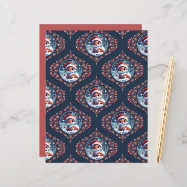 Kawaii Christmas Fox Dot Mandala Ogee Damask Paper (Vorderseite/Rückseite Beispiel)