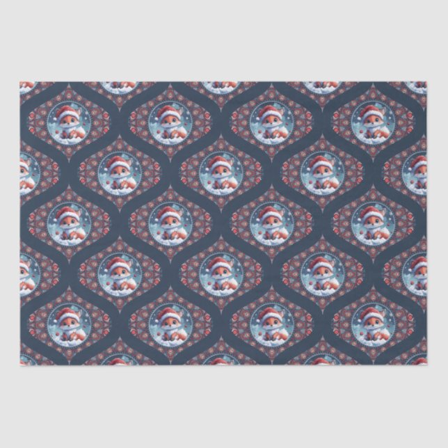 Kawaii Christmas Fox Dot Mandala Ogee Damask Seidenpapier (Vorderseite)