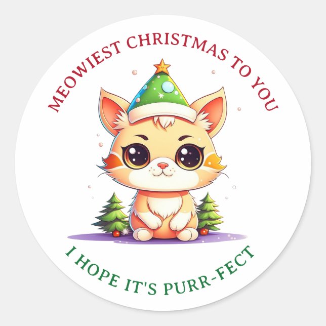 Kawaii Christmas Kitten Holiday Cat Pub Runder Aufkleber (Vorderseite)