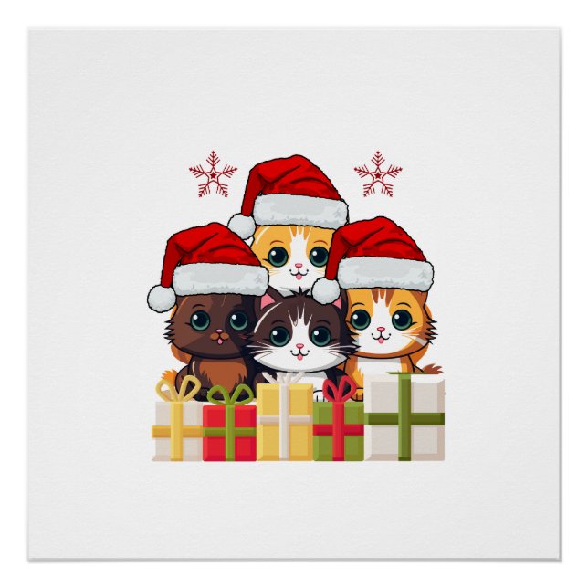 Kawaii Christmas kitten in Santa Hats T-Shirt Poster (Vorderseite)