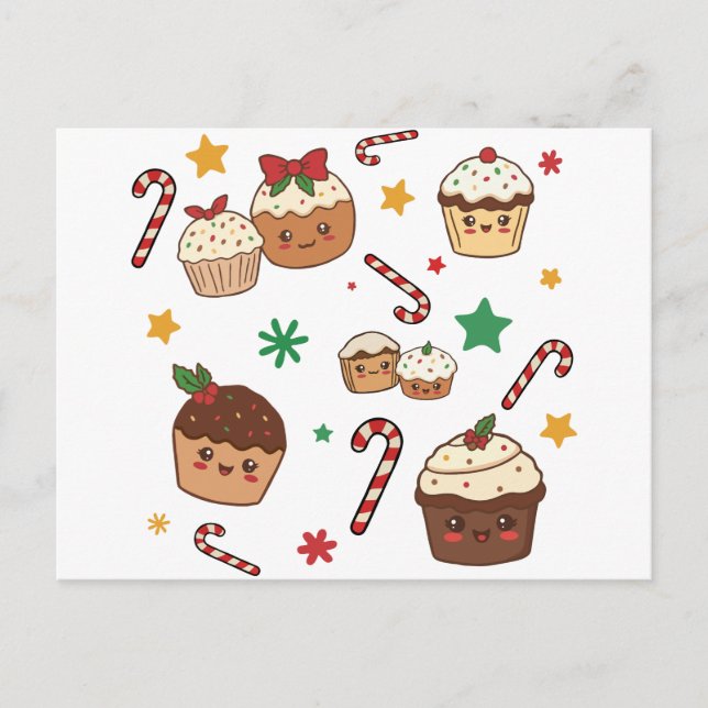 Kawaii Christmas Muffins Feiertagspostkarte (Vorderseite)