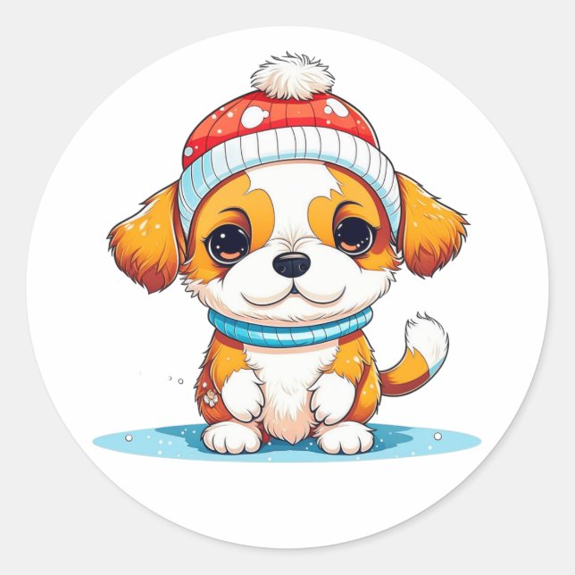 Kawaii Christmas Puppy Dog Runder Aufkleber (Vorderseite)