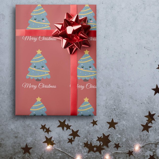 Kawaii Christmas Tree Wrapping Paper Geschenkpapier (Kawaii Christmas Tree Red Wrapping Paper)