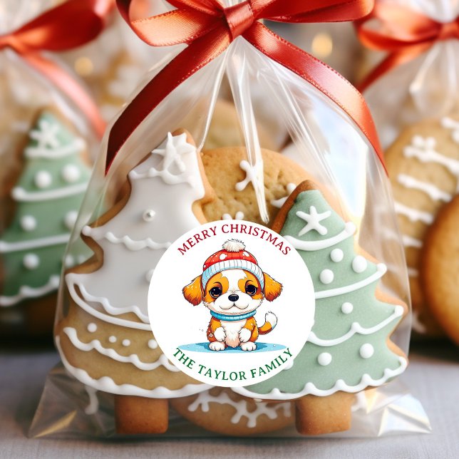 Kawaii Christmas Welpe Hund Familienname Runder Aufkleber (Von Creator hochgeladen)