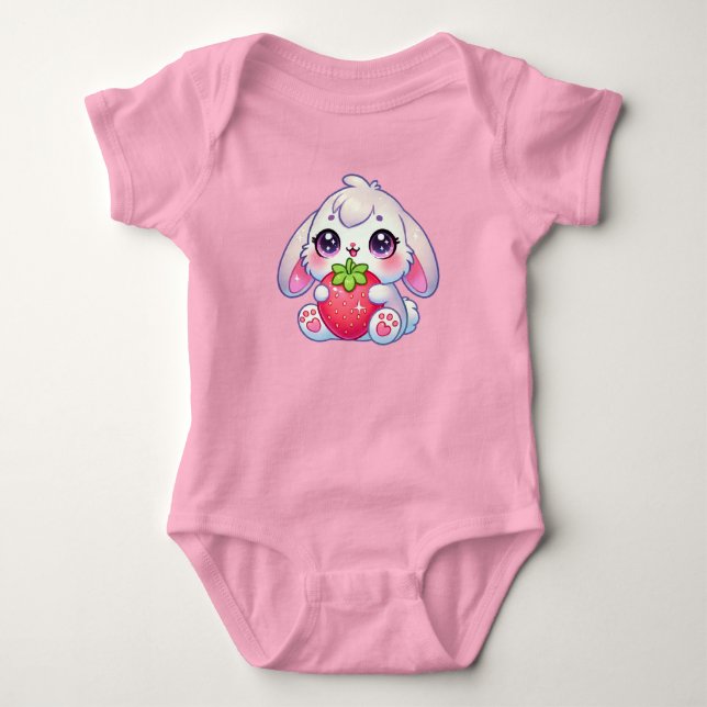 Kawaii Chubby Bunny Hugging Strawberry Baby Strampler (Vorderseite)