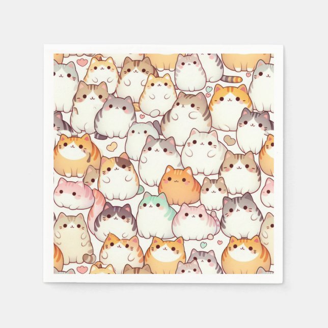 Kawaii Chubby Cartoon Katzen mit Herz Serviette (Vorderseite)