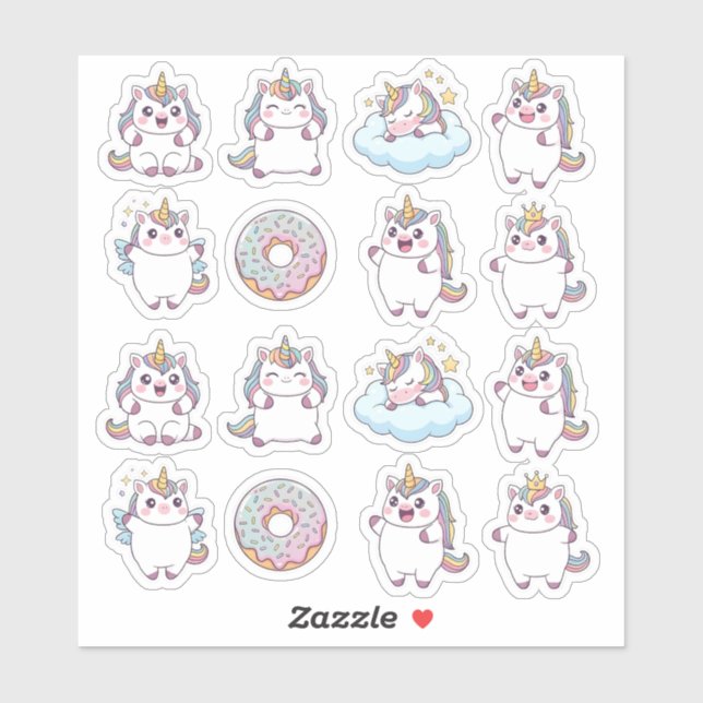 Kawaii Chubby Unicorn & Donut Sticker Sheet - Nied (Blatt)