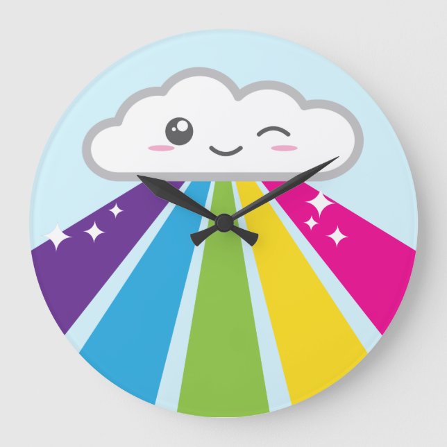 Kawaii Cloud and Rainbow Wall Clock Große Wanduhr (Vorderseite)