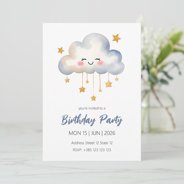 Kawaii Cloud Geburtstagsparty Einladung (Stehend Vorderseite)