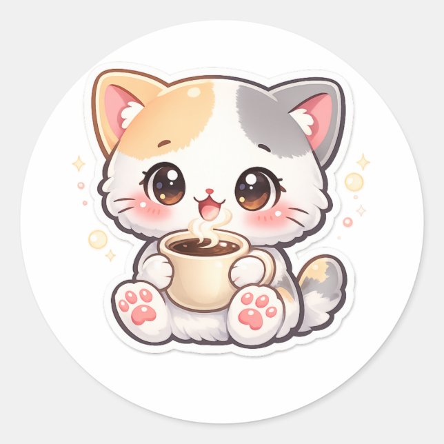 Kawaii Coffee Cat Runde Aufkleber – Süße Kätzchen  (Vorderseite)