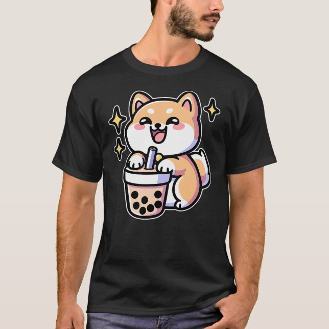 Kawaii Corgi Dog Shiba Inu Drinking Bubble Tea Bob T-Shirt (Vorderseite)