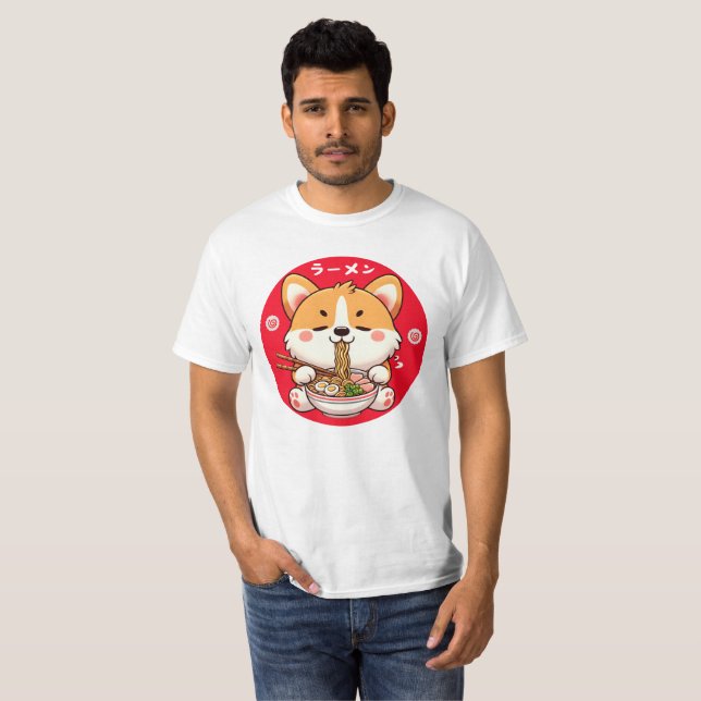 Kawaii Corgi Eating Ramen T-Shirt (Vorne ganz)