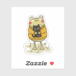 Kawaii Cottagecore-Frosch- und schwarze Katzenillu Aufkleber