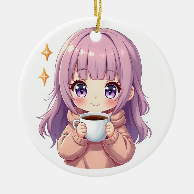 Kawaii Cozy Coffee Girl – Pastel Aesthetic sticker Keramik Ornament (Vorne)