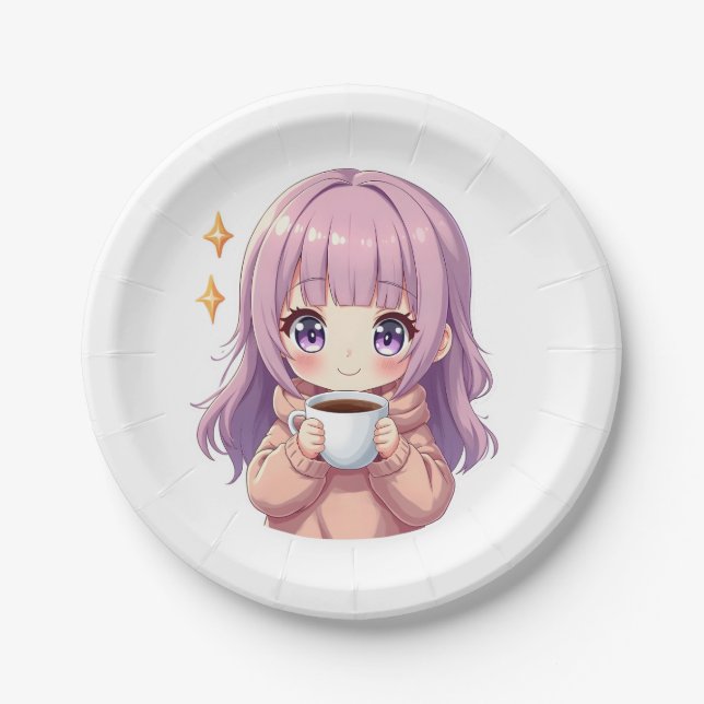 Kawaii Cozy Coffee Girl – Pastel Aesthetic sticker Pappteller (Vorderseite)