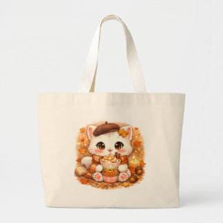 Kawaii Cozy Herbst-Latte-Kitty – Süße Herbstkatze  Jumbo Stoffbeutel