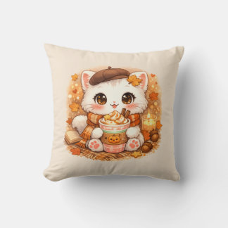 Kawaii Cozy Herbst-Latte-Kitty – Süße Herbstkatze  Kissen