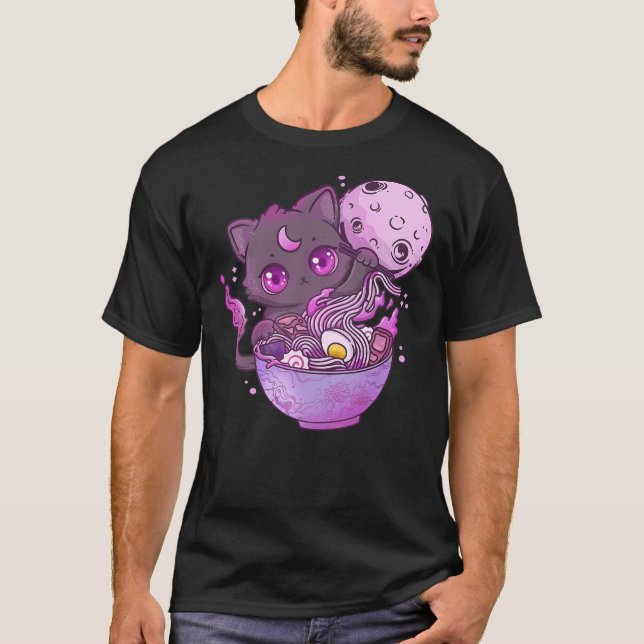 Kawaii Creepy Cat Eating Ramen Noodles Pastel Goth T-Shirt (Vorderseite)