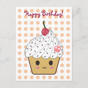 Kawaii Cupcake in Polka Dots "Happy Birthday" Postkarte
