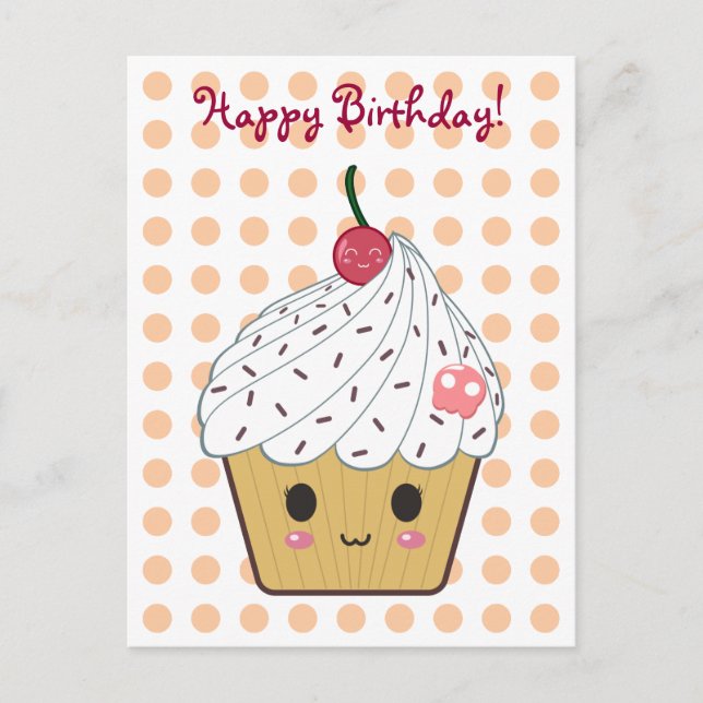Kawaii Cupcake in Polka Dots "Happy Birthday" Postkarte (Vorderseite)