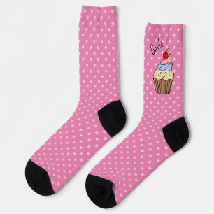 Kawaii Cupcake mit Name und Herz Print Pink Crew Socken