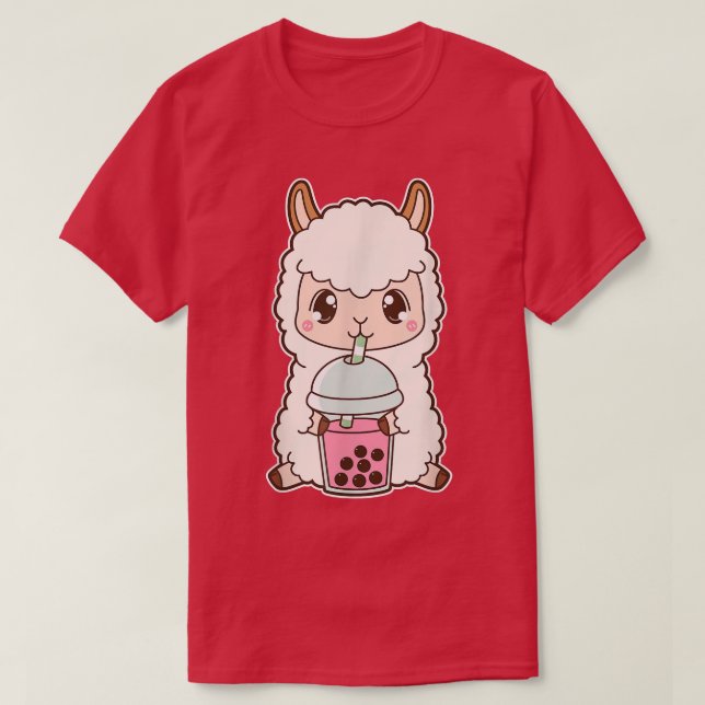 Kawaii Cute Boba Llama Alpaca Strawberry Bubble Mi T-Shirt (Design vorne)