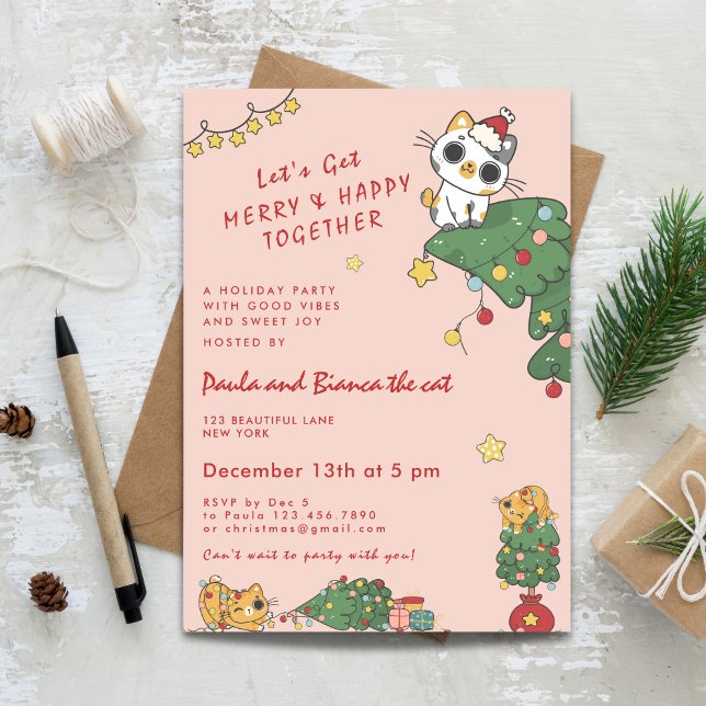 Kawaii Cute Cat & Christmas Tree Einladung (Kawaii Cute Cat & Christmas Tree Invitation)