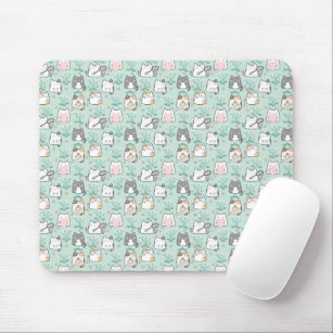 Kawaii Cute Cats & Flower Pattern Green Background Mousepad