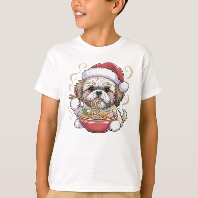 Kawaii Cute Santa Shih Tzu Eating Ramen T-Shirt (Vorderseite)